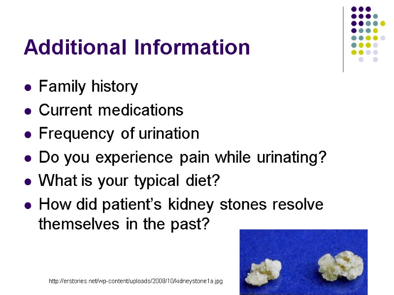 Additional Information Family history  Current medications Frequency of urination Do you experience pain